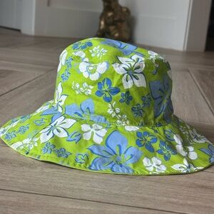 Reversible Lime Green Floral Bucket Hat in Green and Blue